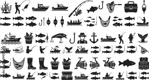 Black and white fishing icons and symbols