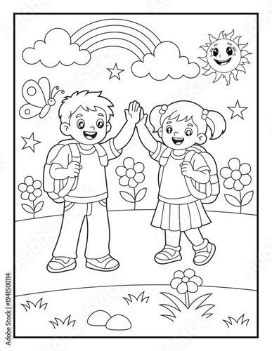 Wallpaper Mural School Kids High Five Coloring Page for Kids. Back to School Line Art Printable Activity Sheet for Children. Torontodigital.ca