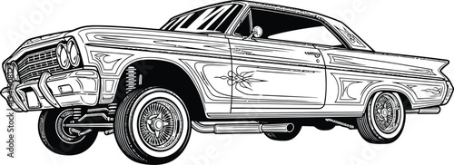 Detailed Black and White Illustration of a Classic Lowrider Car.