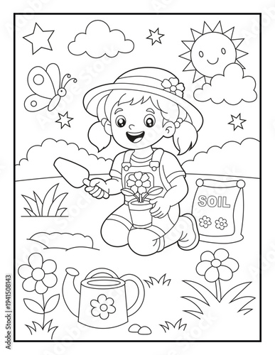 Wallpaper Mural Little Gardener Coloring Page for Kids. Simple Cartoon Girl Planting Flowers in Garden Line Art Printable Activity Sheet for Children. Torontodigital.ca