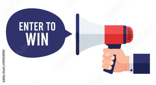 A hand holding a megaphone with a speech bubble saying enter to win