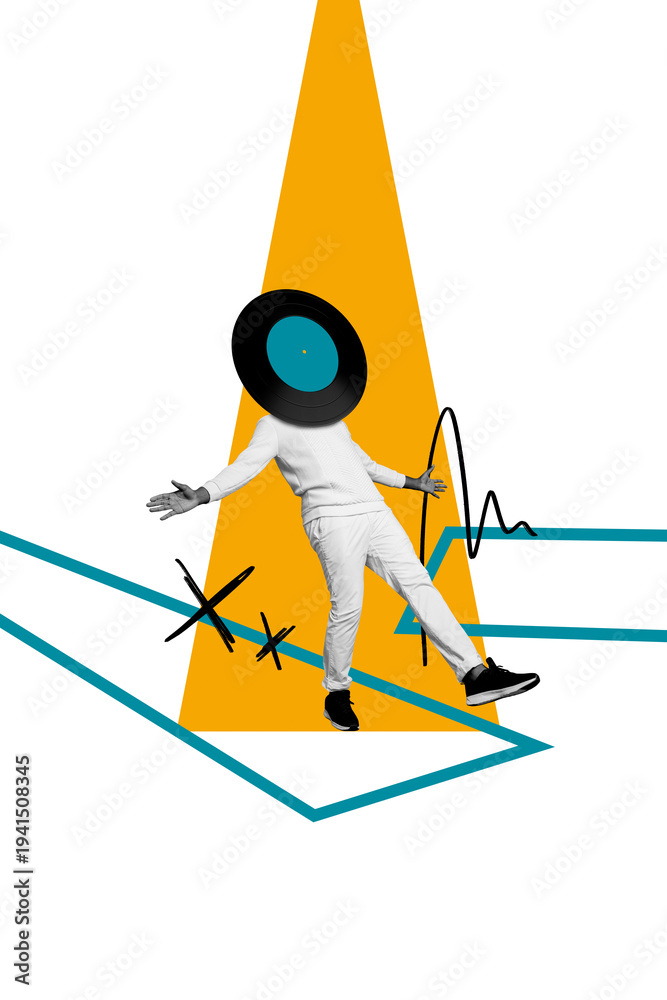 Naklejka premium Vertical photo collage of anonym man dance instead head vinyl plate record retro occasion entertainment isolated on painted background