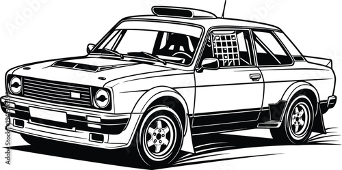 Detailed Black and White Illustration of a Classic Rally Car.