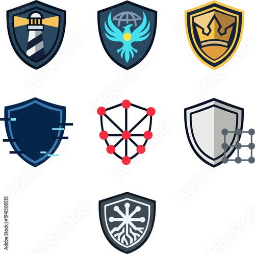 Security and protection shields collection, tactical badges with lighthouse, eagle and network symbols, defense icon set