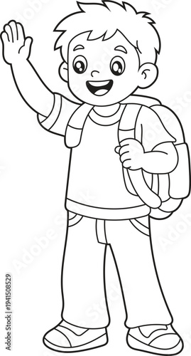 Wallpaper Mural Happy School Boy Coloring Page for Kids. Simple Cartoon Child with Backpack Line Art Printable Activity Sheet for Children. Torontodigital.ca