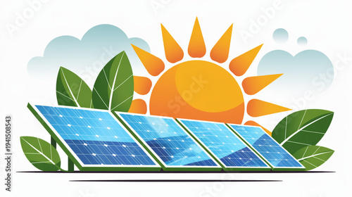 Vector solar panel icon with sun and leaves