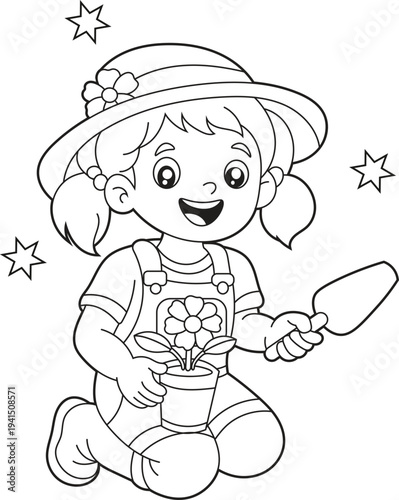 Wallpaper Mural Kids Gardening Coloring Page for Kids. Simple Cartoon Girl Planting Flower Line Art Printable Activity Sheet for Children. Torontodigital.ca