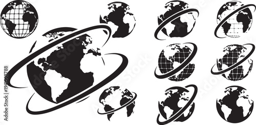Black and white globe icons with rings and grid patterns