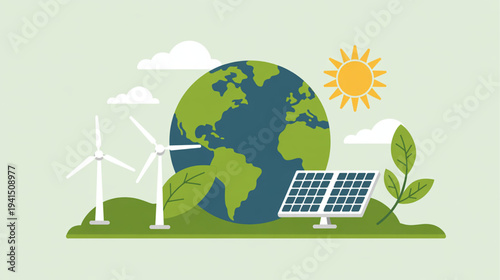 Vector illustration of eco friendly energy sources, solar panel, wind turbines and globe
