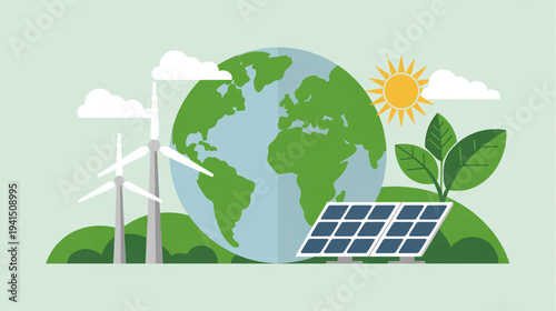 Vector eco friendly icon set with solar panel, wind turbines, and globe