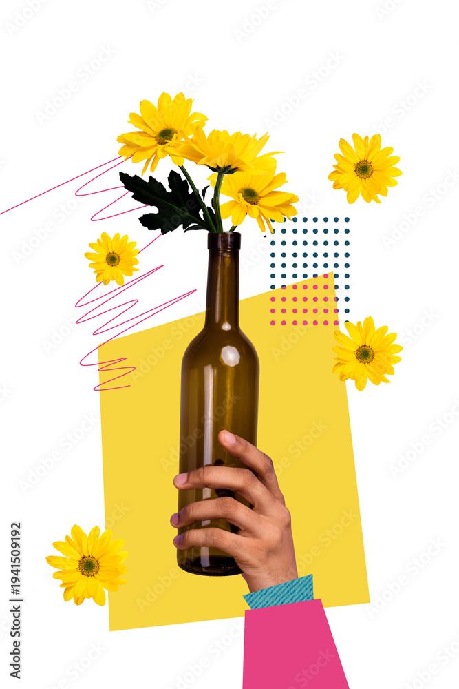 Naklejka premium Composite trend artwork sketch collage of arm wrist hand raise up gesture hold glass bottle wine drink flower daisy spring summer season