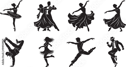 Silhouettes of people dancing in different styles and poses