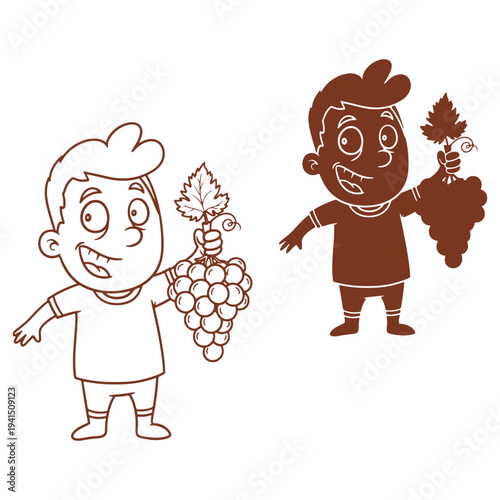 Two cartoon children holding grapes and vine leaves smiling happily