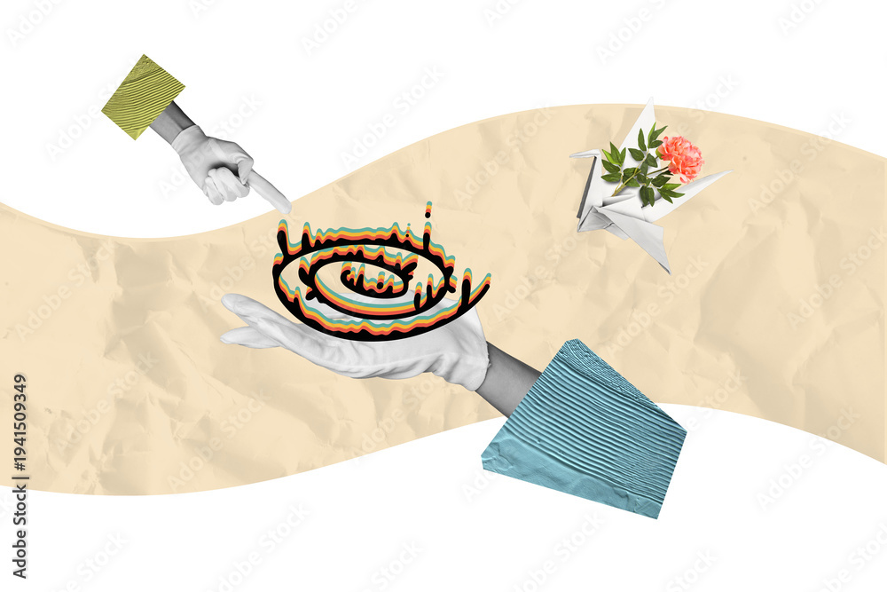Fototapeta premium Composite photo collage of human hands wear glove point spiral fly origami swan deliver peony flower bloom isolated on painted background