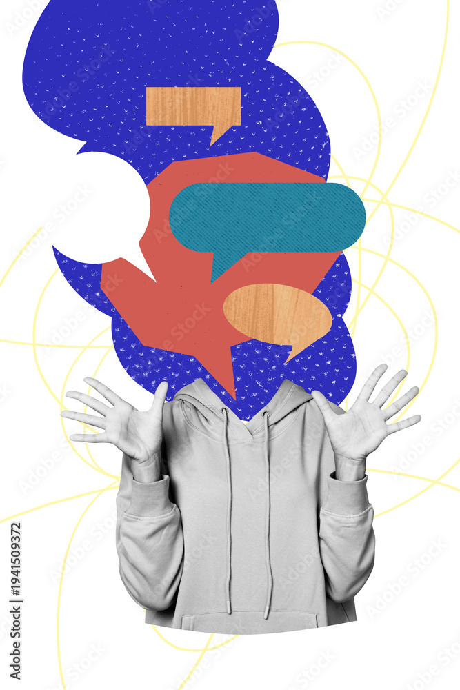 Fototapeta premium Sketch image horizontal panorama of collage of&nbsp;headless caricature lady gesture hand headless speech cloud message chatting conversation
