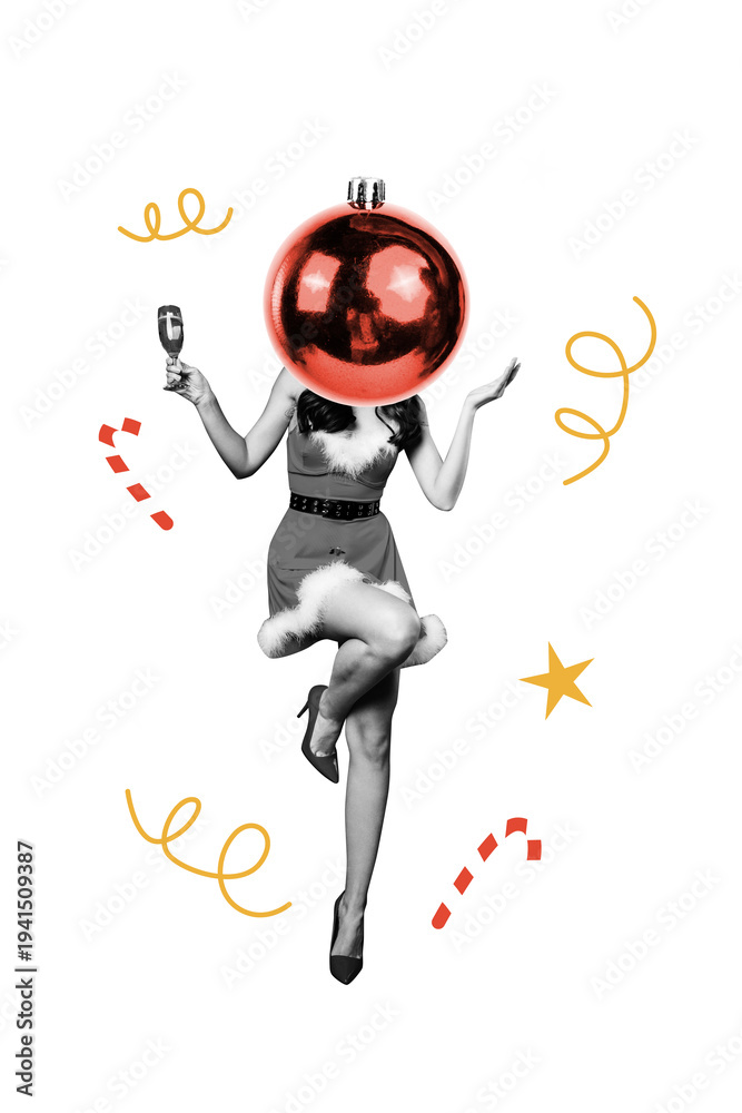 Obraz premium Vertical photo collage of anonym girl instead head bauble toy dance party confetti occasion candy xmas isolated on painted background
