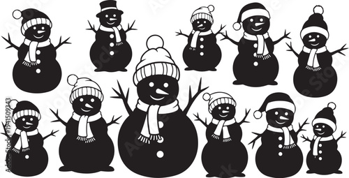 Black and white snowmen in various winter hats and scarves