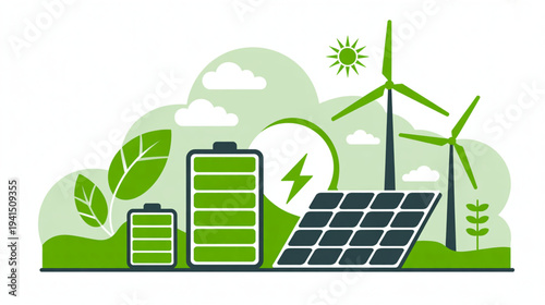 Vector illustration of renewable energy sources, solar panel, wind turbines, battery