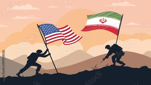 Soldiers planting American and Iranian flags on mountain peak