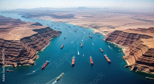 Aerial View of Several Cargo Ships Sailing in the Strait of Hormuz