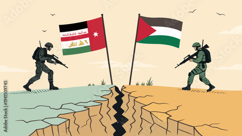 Soldiers from Jordan and Palestine stand guard at border with flags