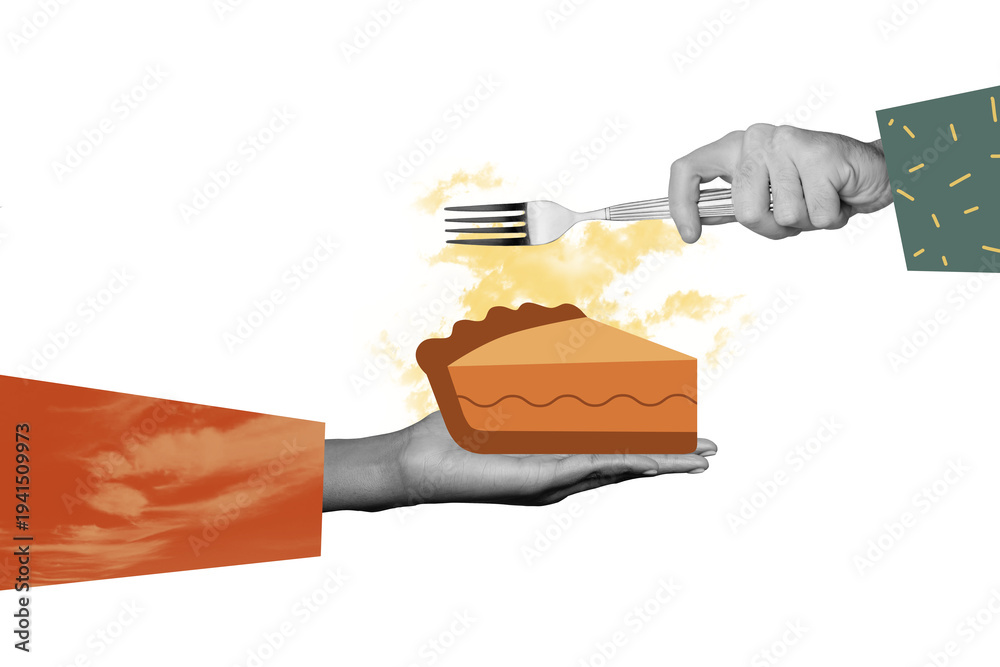 Obraz premium Sketch composite 3D collage of autumn thanksgiving day tradition feast greeting card hand hold fork eat food cook cupcake pumpkin bakery
