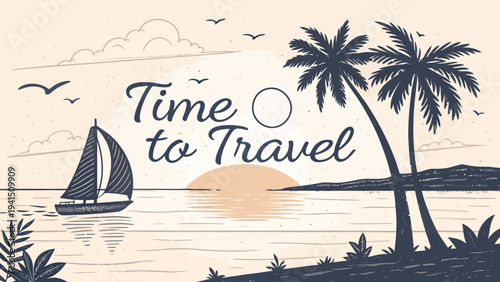 Serene tropical beach scene with sailboat and palm trees at sunset