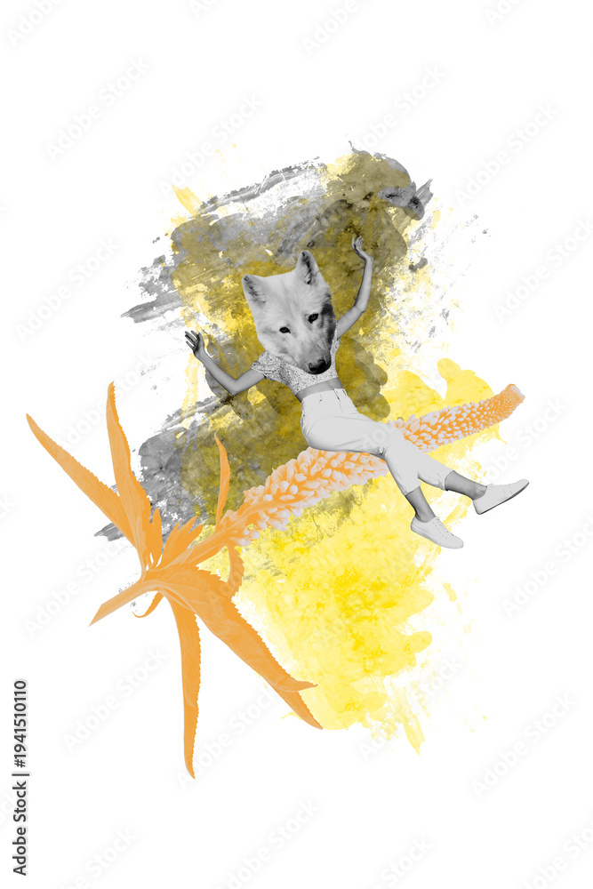 Fototapeta premium Trend composite sketch template 3D photo collage of nature season springtime plant young lady body wild animal wolf head sit flower