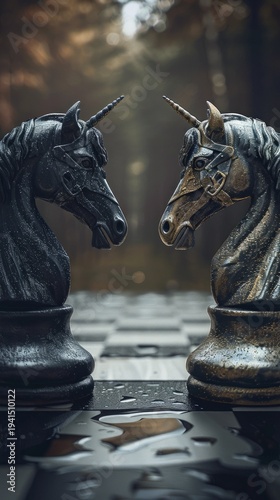 Two chess pieces covered in raindrops symbolise strategy and tension, which would be suitable as a metaphorical backdrop for analytical materials.