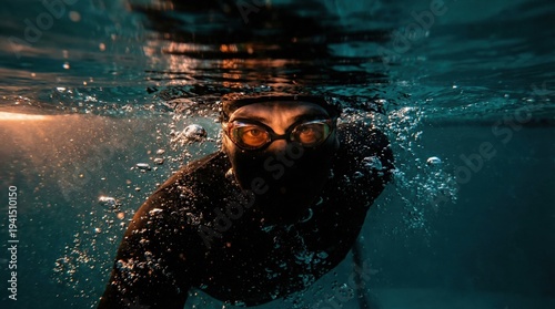Wallpaper Mural Underwater swimmer with goggles in dark pool creating bubbles Torontodigital.ca