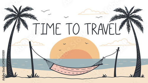 Relaxing beach scene with hammock and palm trees at sunset