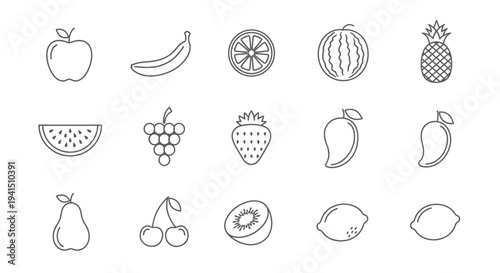 Variety of fresh fruit icons in simple line art style