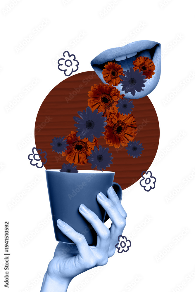 Naklejka premium Contemporary vertical photo collage of hand hold coffee cup herbal extract beverage chamomile gerbera flowers mouth drink