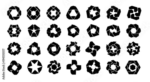 Abstract Black Filled Geometric Circular and Polygonal Shapes Icons Set on Isolated White Background
