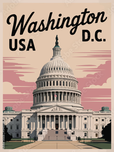 Washington D.C. Poster, large black cursive Washington text at top left, USA and D.C. in black block letters, iconic city layout illustration