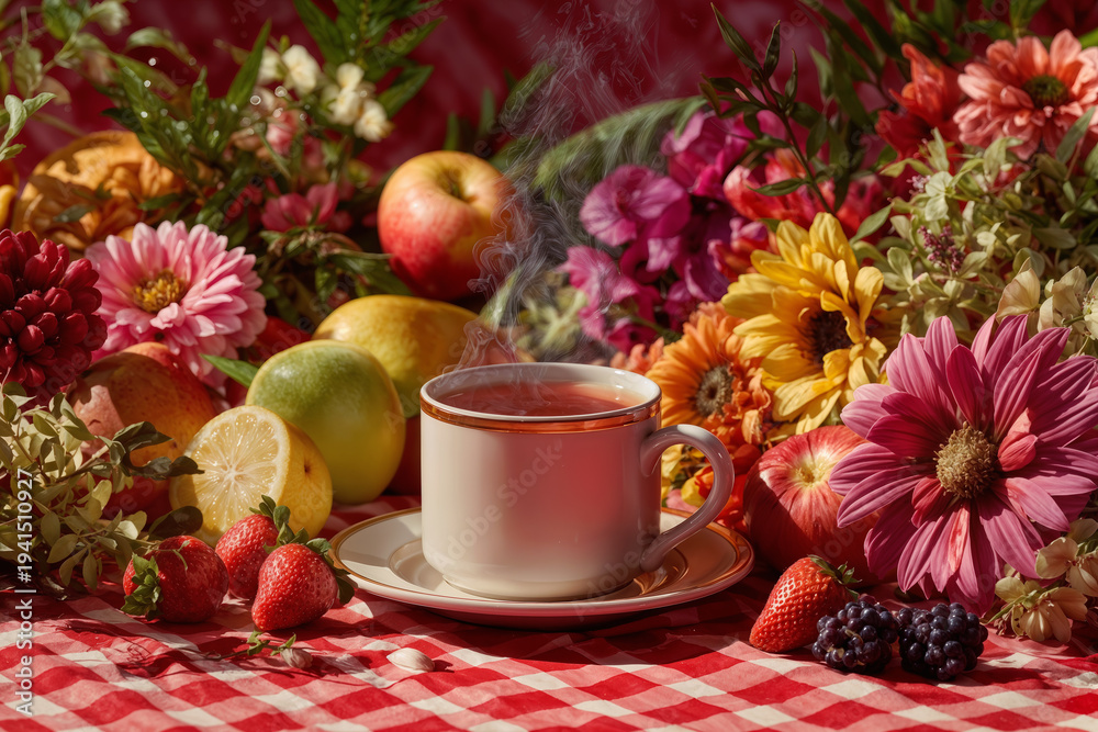 Fototapeta premium Home Enterprise Cozy Beverage Amid Vibrant Fruit and Floral Arrangement for Inviting