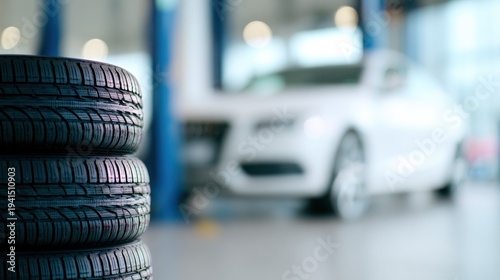 New tires wait by a car in an auto service shop on a busy day