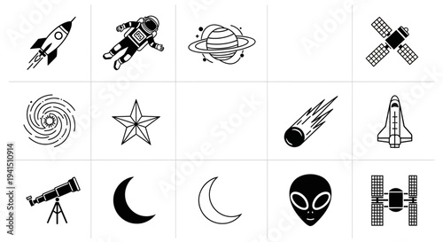 Space icons including rockets, planets, and astronauts in modern style