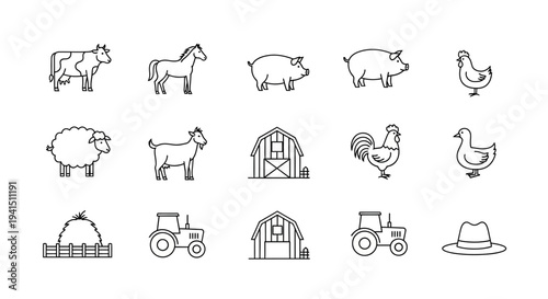 Farm animals and equipment in simple line art style