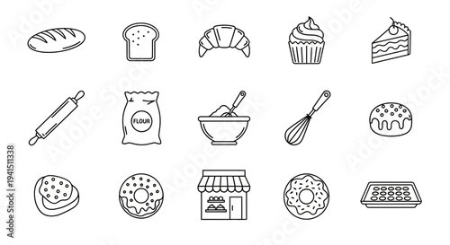 Delicious baked goods and baking tools illustrations