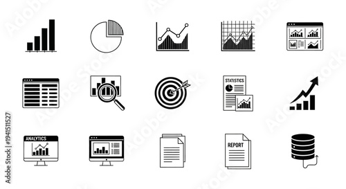 Business data analysis and statistics icons for finance reports