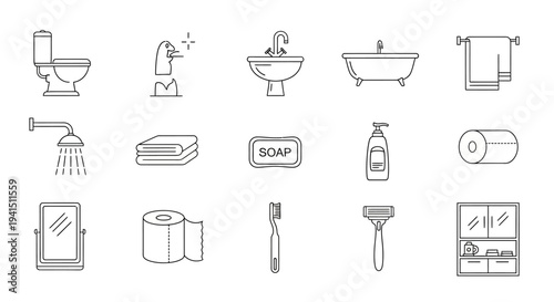 Modern bathroom essentials and accessories icons