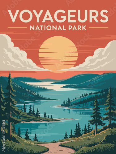 Wallpaper Mural Voyageurs National Park Poster, stylized sunset landscape illustration, retro travel poster aesthetic, scenic national park view Torontodigital.ca