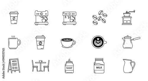 Minimalist coffee shop icons for modern business branding