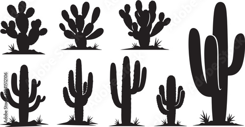 Black silhouettes of various cacti on white background illustration