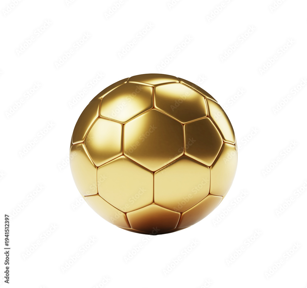 Fototapeta premium Golden soccer ball with shiny metallic surface and hexagonal panels isolated on a transparent background.