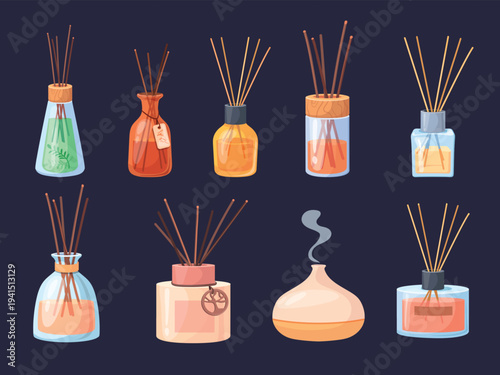 Aroma diffuser. Reed diffusers stick, perfume oil glass bottle scent spa aromatherapy wellness relax aromatic smell home room house freshener cartoon set neat vector illustration