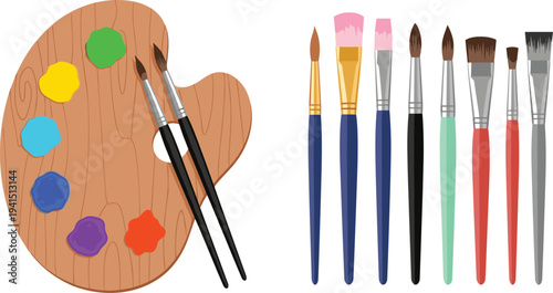 Artist paint palette with colorful paints and paintbrush set art tools for painting creativity vector illustration collection