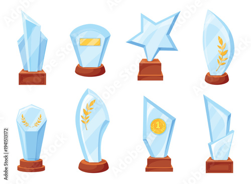 Glass trophy cups. Winner awards ceremony acrylic trophies on base, win celebration crystal prize sport music movie reward triumph competition certificate, neat vector illustration