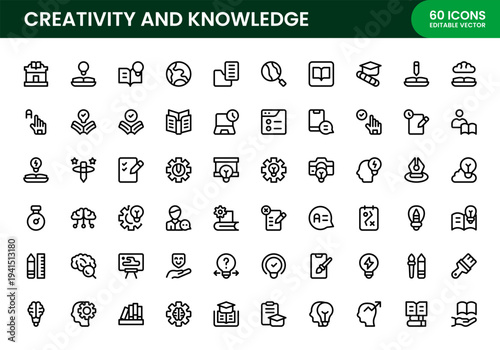 Creativity and Knowledge icon set. Creativity and Knowledge professional modern line icon collection illustrating imagination, intelligence and creative thinking.